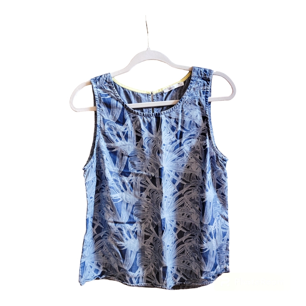 Cecil Sleeveless Blouse Keyhole Back Blue Foliage Size S